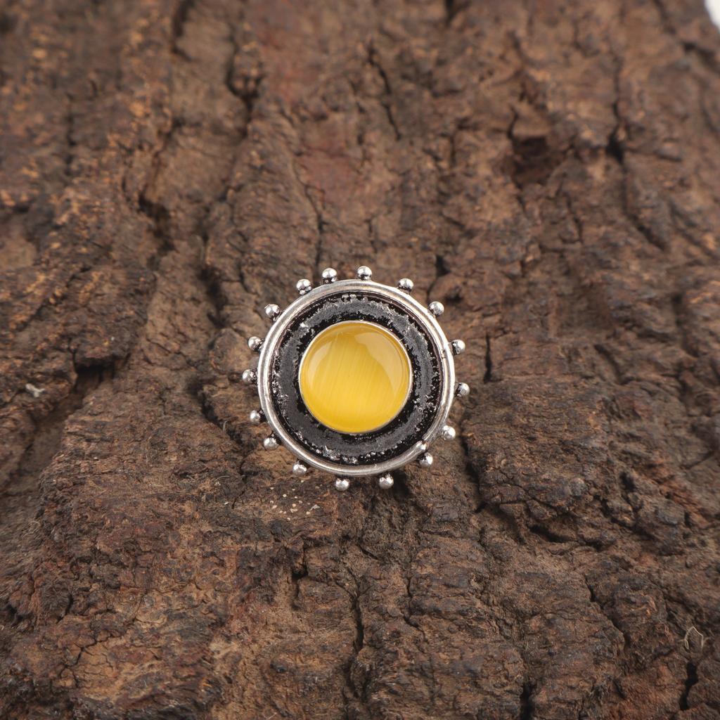 Natural Yellow Cat's Eye 925 Silver Statement Best Friend Gift Ethnic Boho Ring RR-49-41