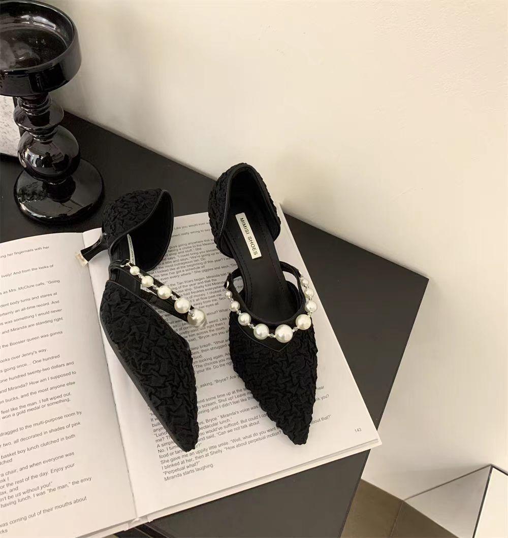 

Мода 2024 года Новые черные туфли на высоком каблуке Новые туфли-лодочки на шпильках с острым носком и жемчужными браслетами на щиколотку Высококачественная обувь Модная удобная женская обувь 38 чёрный