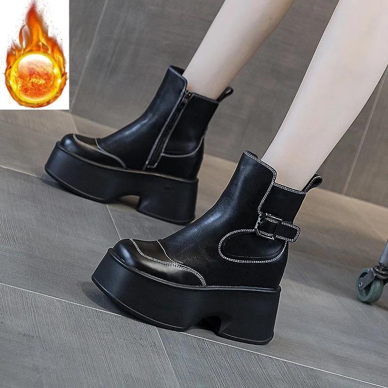 Fashion 11CM Suede Cow Genuine Leather Spring Autumn British Motorcycle Fashion ZIP Ankle Boots Platform Wedge Flats Women Shoes
