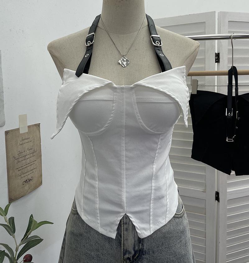 Halter Neck Sexy Strapless Vest with Chest Pads - Women s Slim Fit Sleeveless Top with Slit One Size белый