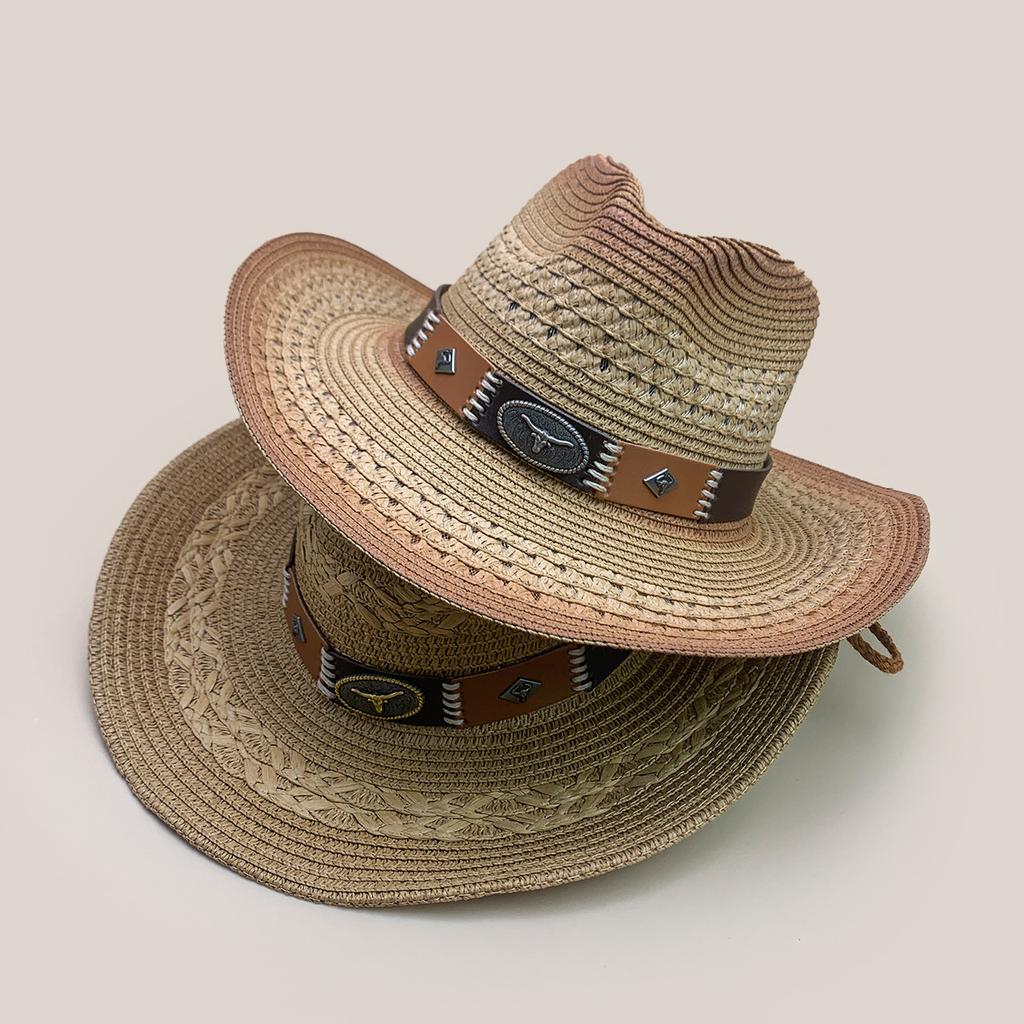Tibetan Xinjiang Cattle Head Western Cowboy Hat Men And Women Shading Gradual Change Color Outdoor Mountaineering Straw Hat