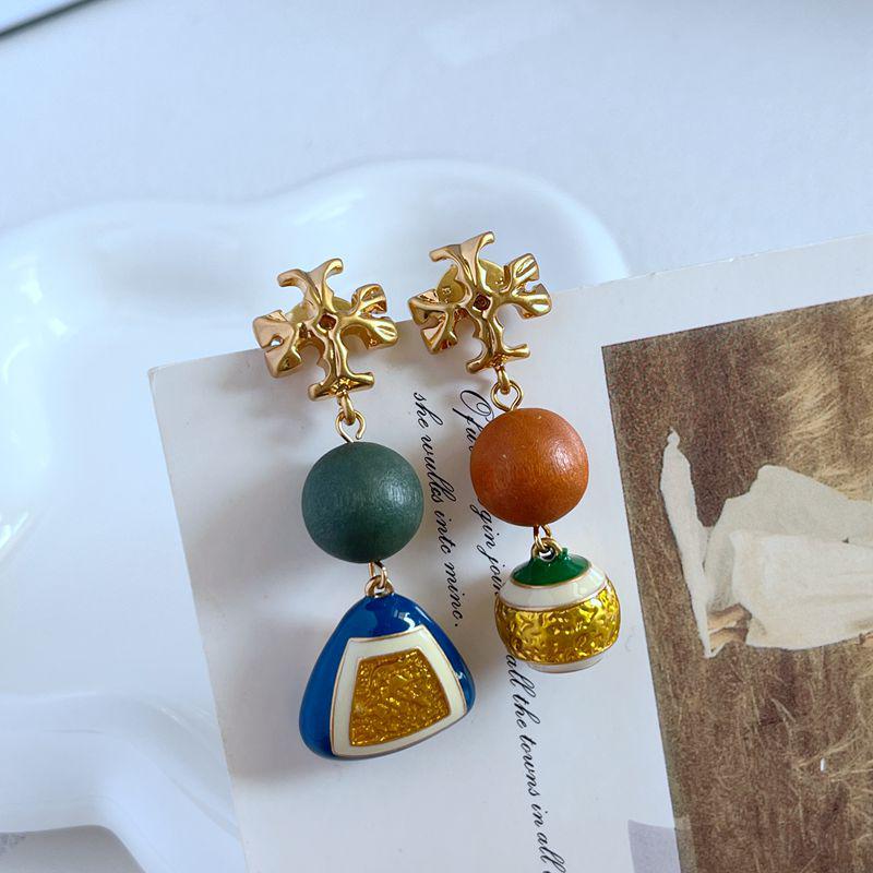 Geometric Asymmetrical Enamel Glaze Wood Pillar Earrings
