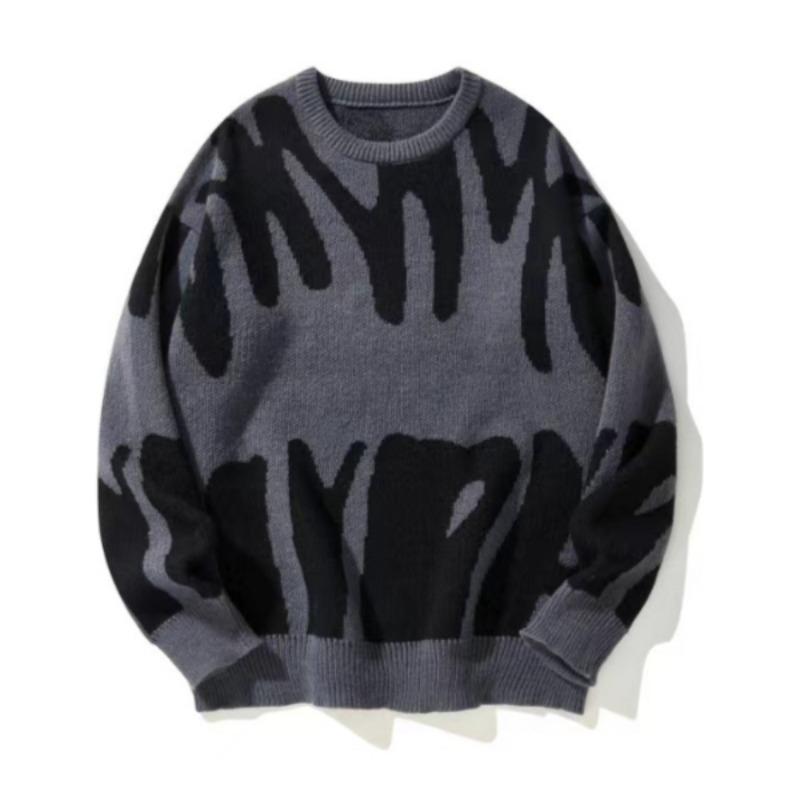 Men's Autumn Winter Irregular Jacquard Pattern Pullover Sweater Casual Round Neck Contrast Color Knitted Men's Pullover