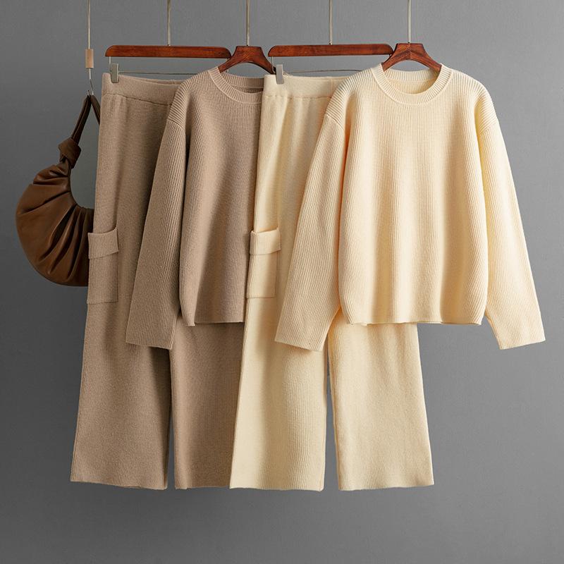 Fashion Round Neck Loose Knit Set For Women's Autumn And Winter Casual Style Wide Leg Pants Two-piece Set