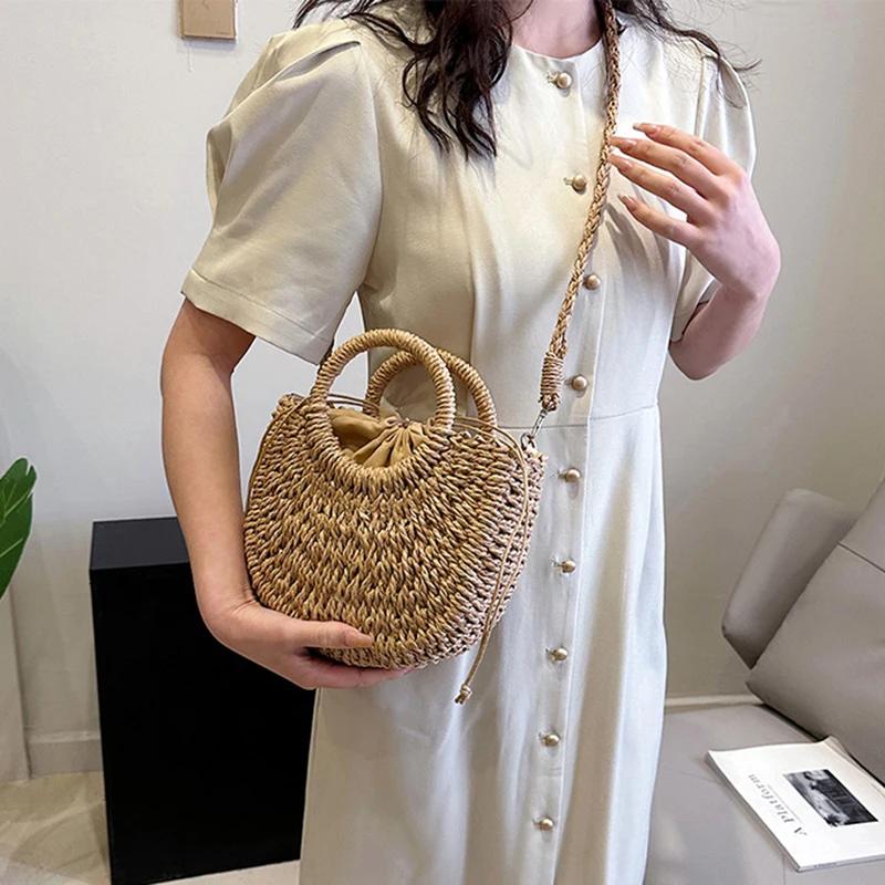 Handwoven Straw Rattan Half-Moon Beach Handbag Large Capacity Women Summer Hollow Out Shoulder Bag Crossbody Bags
