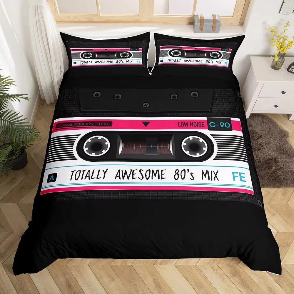 Cartoon Schwarz Schallplatte Bettbezug Set Retro Schallplatte Bettdeckenbezug für Jungen Mädchen Musik Thema Bettwäsche Set Queen King Bettbezüge