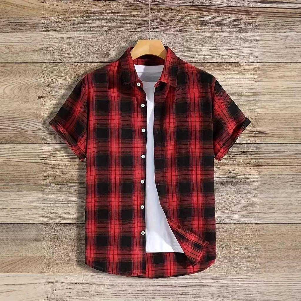 Men Summer Casual Lapel Lattice Shirt 100% Polyester Men Shrot Sleeve 3D Digital Print Shirt
