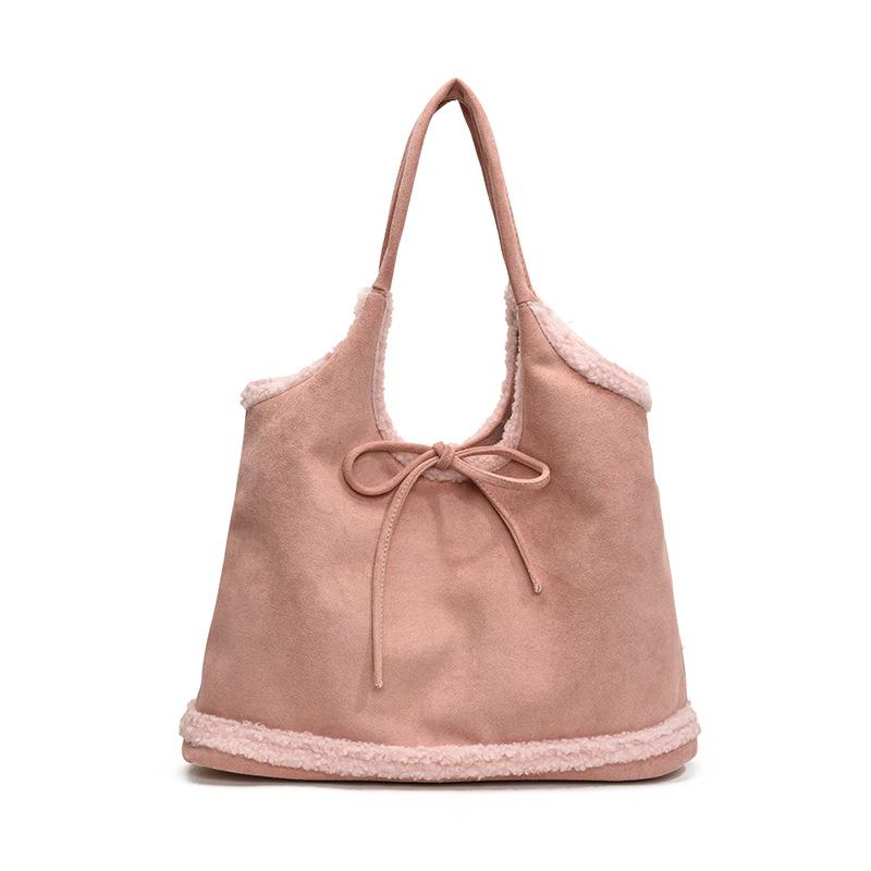 Korean niche lamb wool splicing underarm bag bow retro lazy large capacity shoulder commuter tote bag