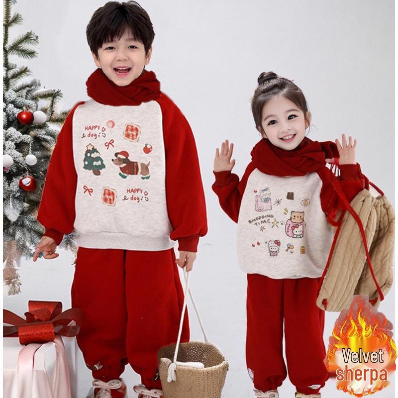 Children s Red Velvet New Year Hoodie Suit - Warm Unisex Outfit for 2025 80cm