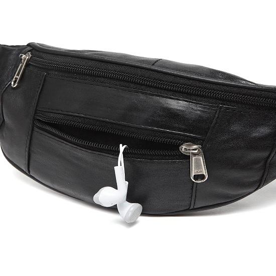 Noora Black Leather Waist Bag | Multipurpose Travel Bag for Running, Hiking, Travelling with Adjustable Straps |