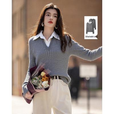 Demana Fall Faux Two-Piece Spliced Knit Top with Detachable V-Neck