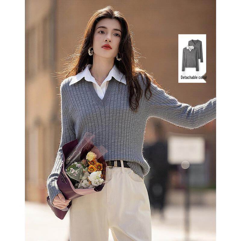 

Women s Faux Two-Piece V-Neck Spliced Knit Top XL