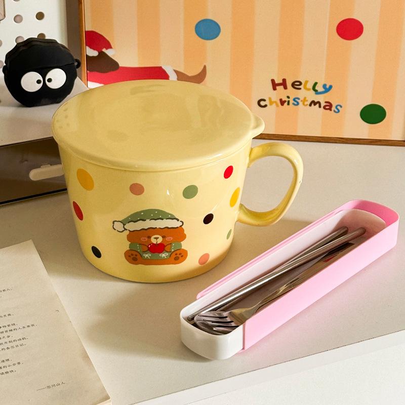 Cream Wind Cartoon Bear Student Instant Noodle Cup Household Instant Noodle Bowl with Cover Dormitory Instant Noodle Bowl Personal