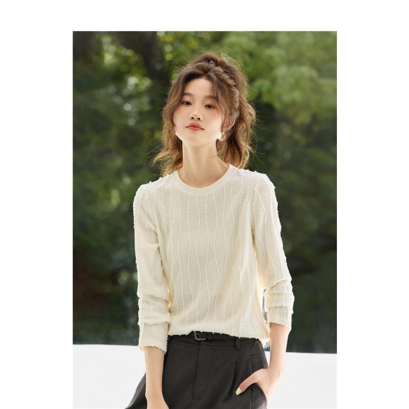 Spring Womens White Textured Long Sleeve Blouse Round Neck Casual Top M белый