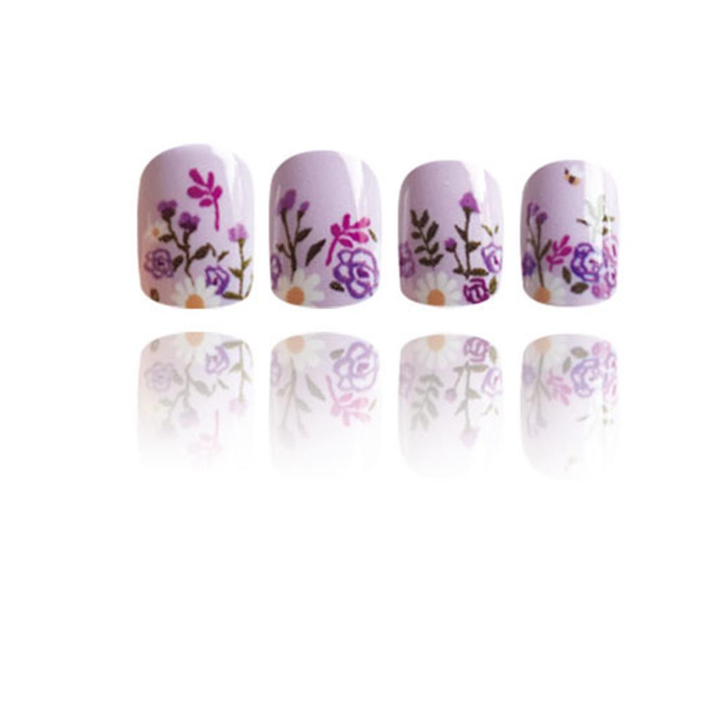 24 Stück Lila Künstliche Nägel Kurz Quadratisch Vollabdeckung Falsche Nägel Glänzend Aufklebbare Nägel Blumen Aufpressnägel