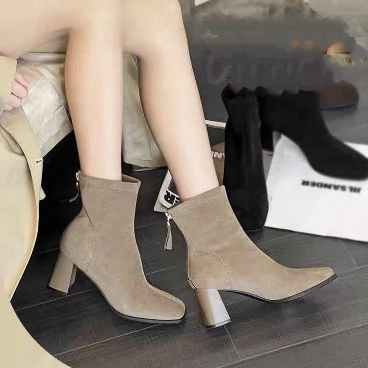 Women's 5cm Square Toe Thick Heel Women's Winter New Suede Zipper Soft Soled Short Boots