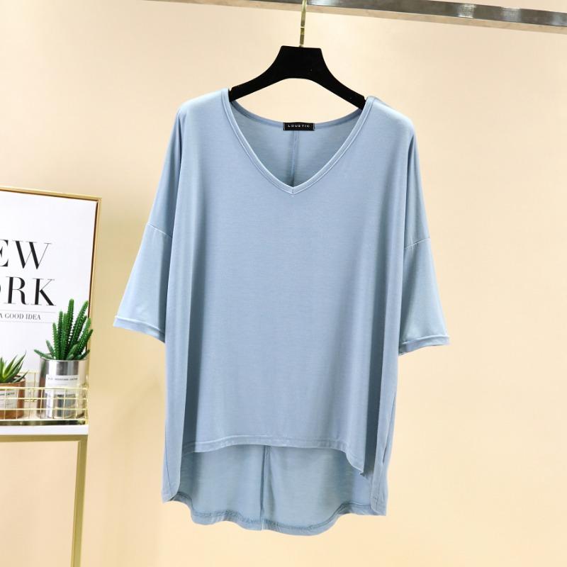 Spring Summer Women's Dusty V Neck Batwing Sleeve High Low Hem T-Shirt