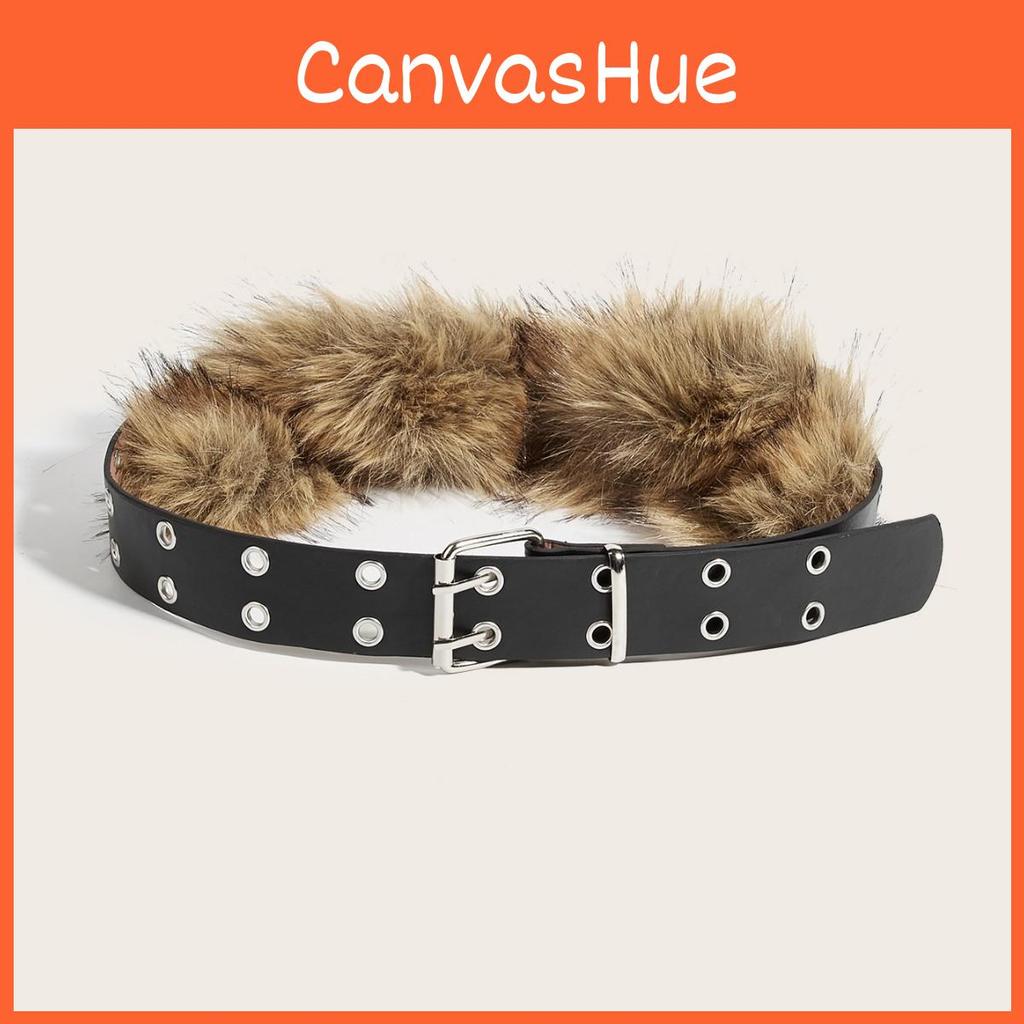 Color Fashion Solid Faux Fur Decoration Women Belt With Double Buckle Breasted