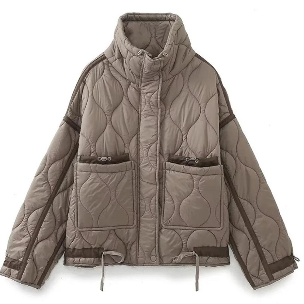 Women's Fashion Warm Cotton Jacket Fall and Winter Standing Collar Long Sleeve Front Zipper with Buttons Vintage Jacket