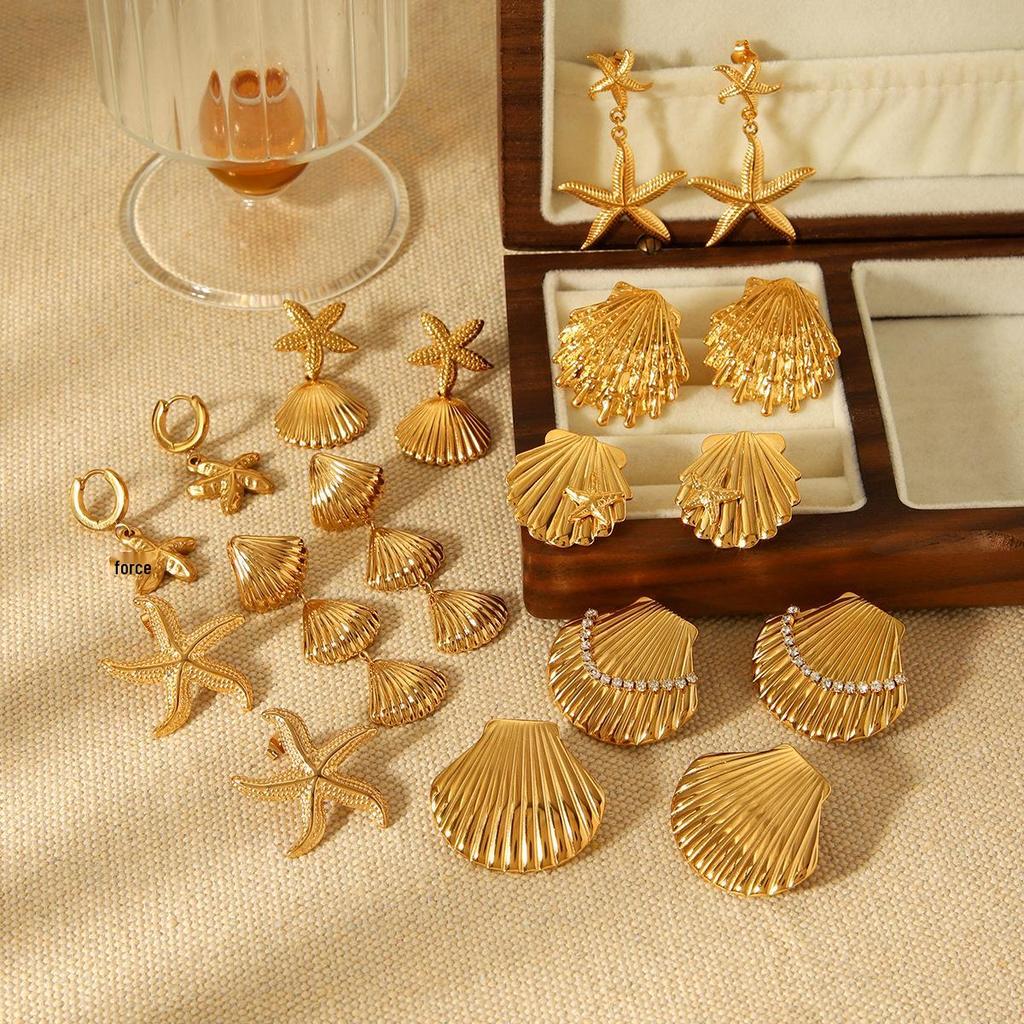 18K Gold Shell Starfish Earrings - European & American Ocean Style, Versatile Colorfast Stainless Steel