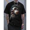 Men's Black Short-sleeve T-shirt with Realistic Jesus Christ Graphic Print, Crew Neck, Soft Cotton Feel, Streetwear Style for Casual Daily Wear