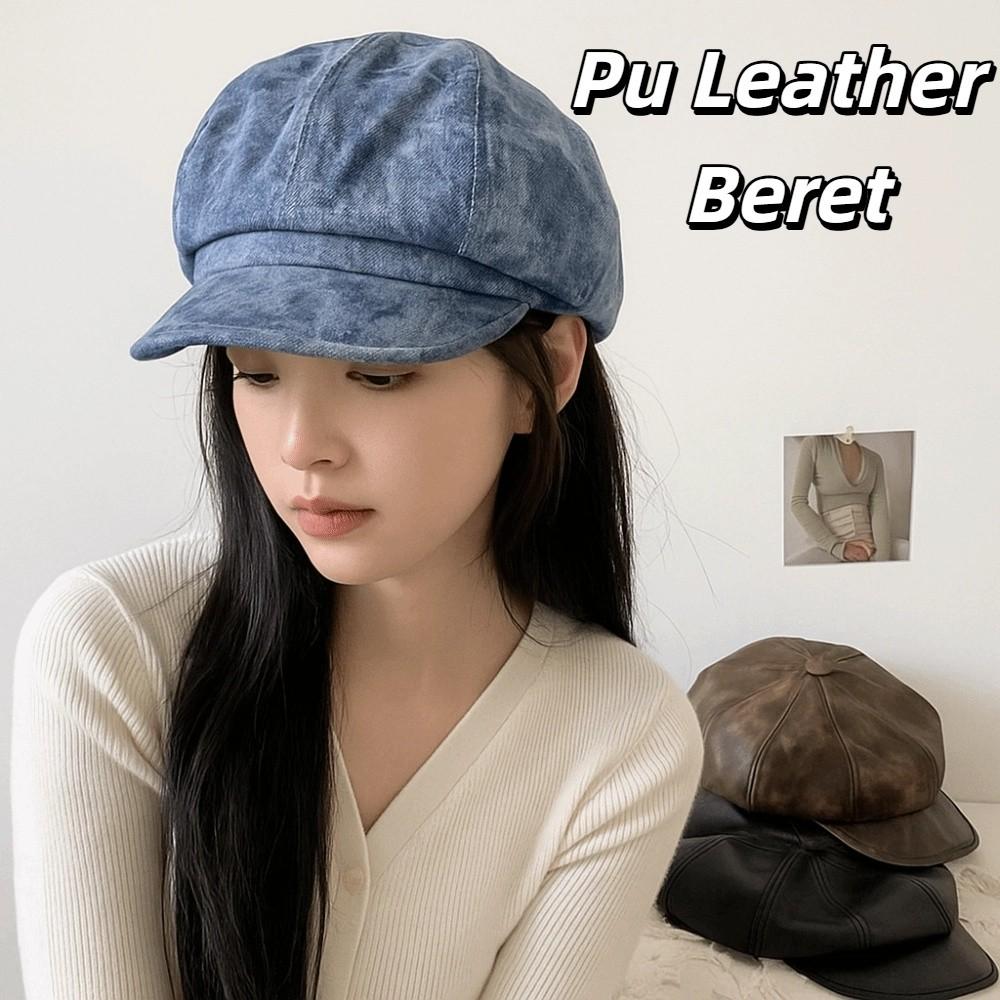 British Style Pu Leather Beret Autumn Winter Artist Cap Elegant Women's Beret  Streetwear