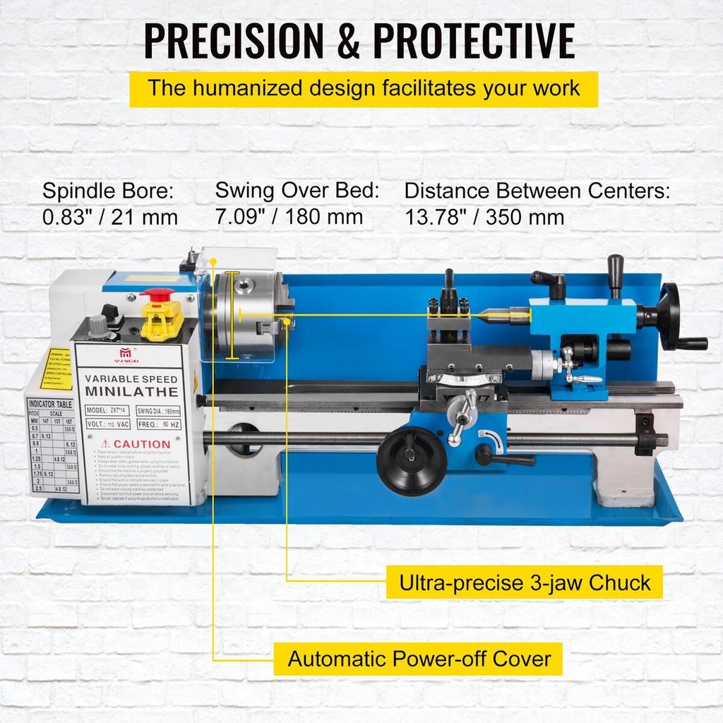 Mini Metal Lathe 550W Variable Speed Metal Lathe 50 to 2500Rpm Precision Mini Benchtop Lathe 7x14 Inch for Mini Precision Parts Processing Sample