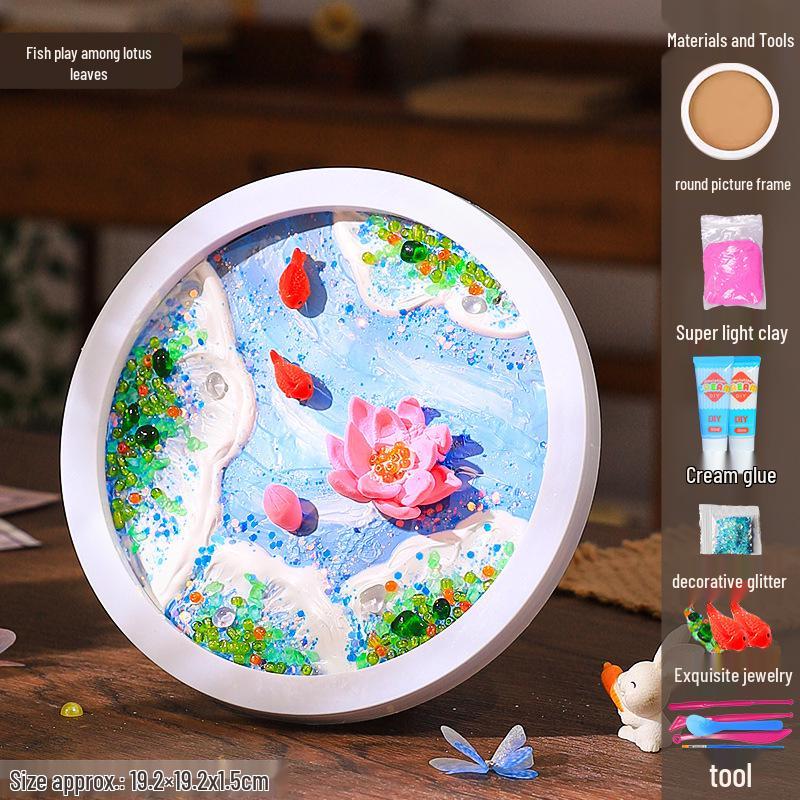 DIY Craft Kit: Textured Painting with Clay, Cream Glue, Round Plate & Photo Frame for Kids' Creative Gifts