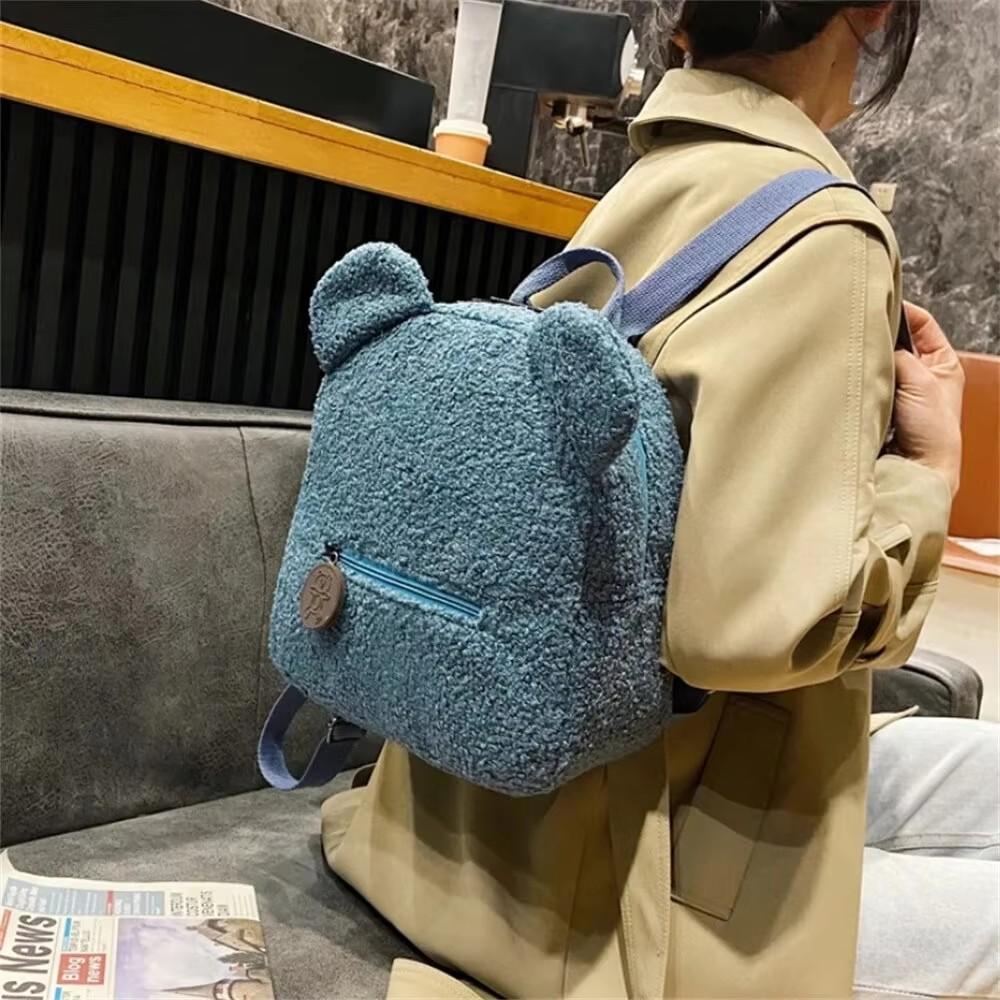 Cute Bear Lambswool Backpack for Girls, Soft Plush Fleece Mini Daypack, Casual Lightweight Shoulder Bag for Kids Outdoor Travel Daily Use