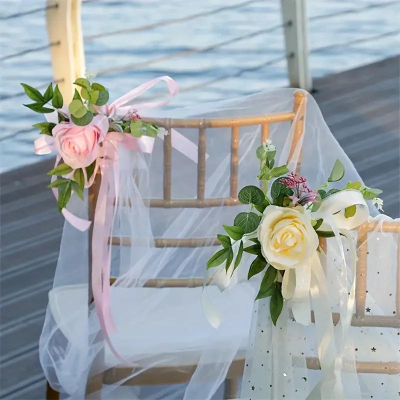 1/2/4PCS Outdoor Wedding Aisle Artificial Flower Chair Decorations, Backrest Flowers, Chapel Floral Arrangements, Wedding Decor