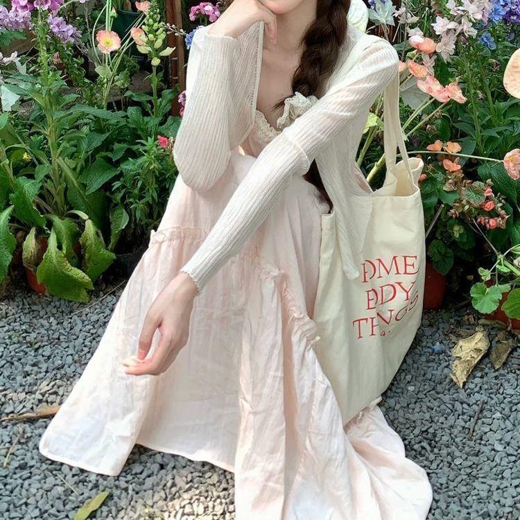 Gentle Pink Lace Camisole & Cardigan Set with Waist-Hugging Summer Dress S