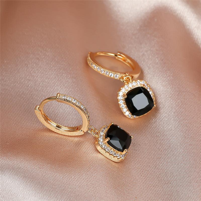 Luxury Female Square Crystal Rainb ow Stone Classic Gold Color Wedding  For Women Vintage Black Zircon Hoop Earrings