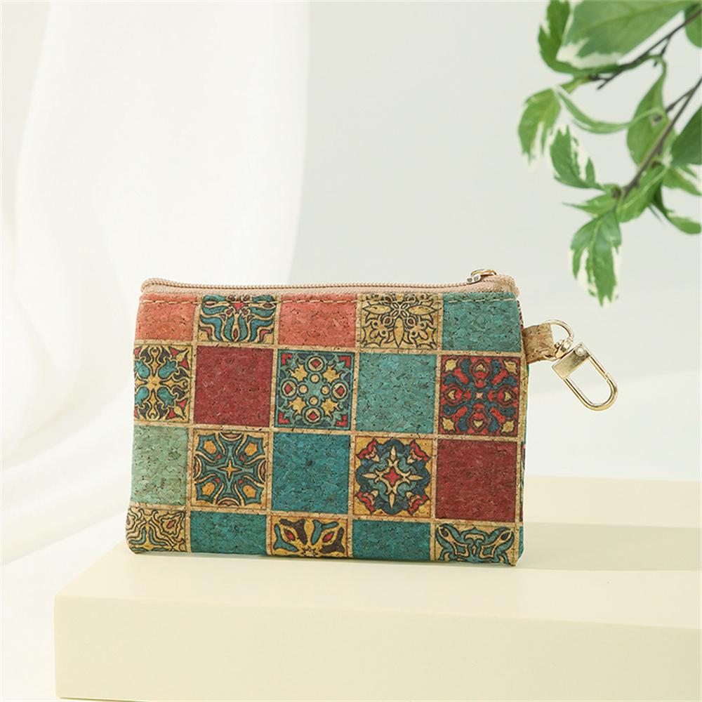 Retro Printed Coin Purse Women Men Cork Mini Wallet Small Bag Key Chain Ring Change Purses Zipper Money Bags Square Clutch Bag