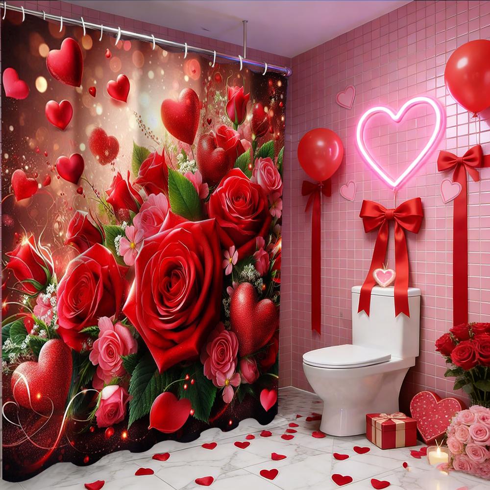Valentine's Day Love Heart Dec shower curtain, bathroom shower waterproof curtain with 12 hooks,  home decoration, free delivery
