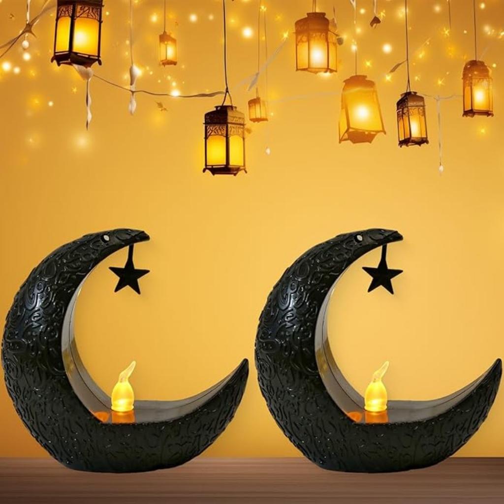 2 Pack Ramadan Moon LED Light - Black Crescent Moon Lamp with Star & Textured Battery Operated Night Light for Muslim Home Decor, Islamic Eid Gifts