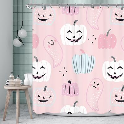 Pink Halloween Shower Curtain Cute Pumpkins Ghosts Cartoon Design Pastel Theme Kids Bathroom Decor Waterproof Fabric Fun Art