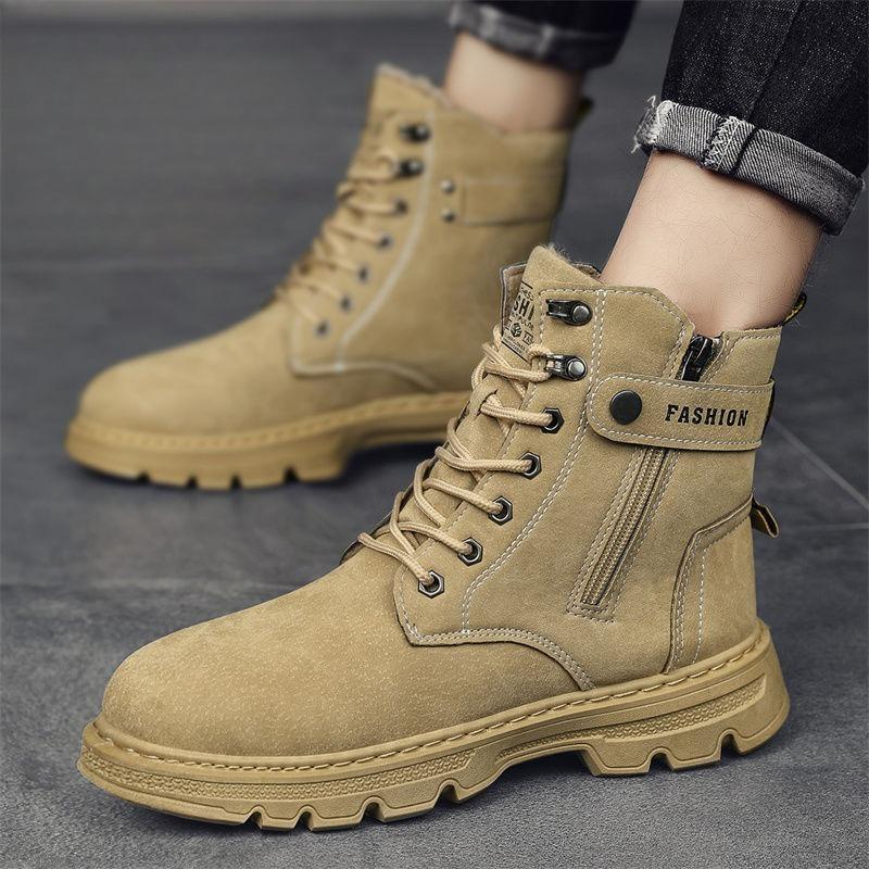 Thickened Fleece Lined Men's Winter Warm Cotton Padded Snow Boots Work Safety Motorcycle Workwear Leather Waterproof Lace Up