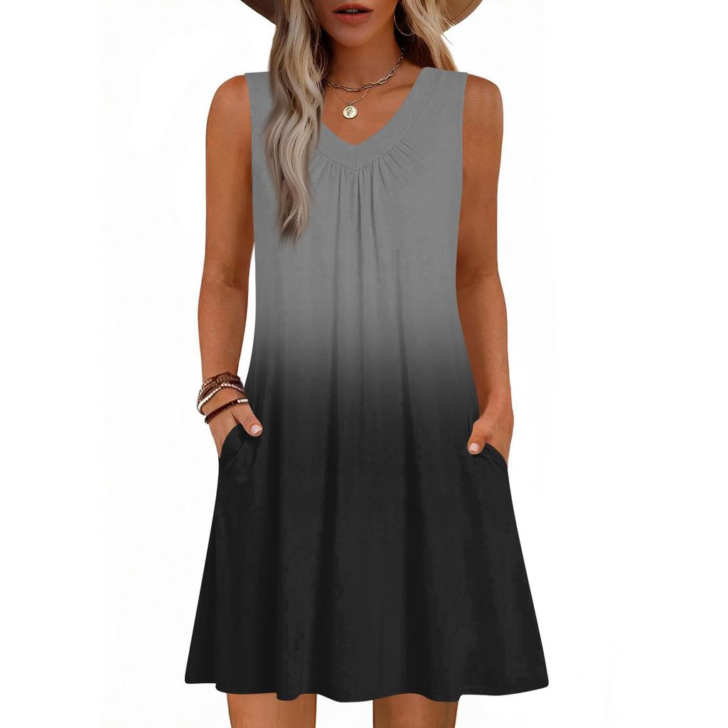 Dámské módní letní tílko bez rukávů s V-výstřihem, s kapsou, ležérní volné šaty