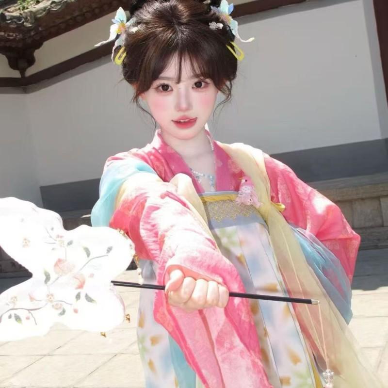 Womens Tang Dynasty Style Hanfu Set With Floral Jacquard Print Straight Sleeve Ruqun