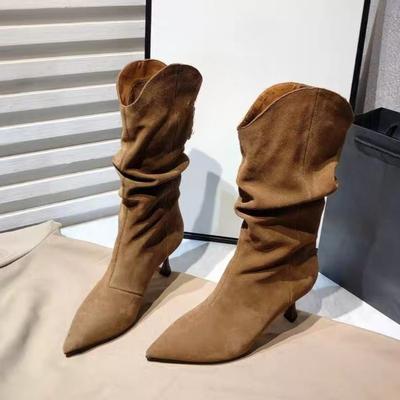 Modă Modă Piele de Vaci Pliisată Cizme Simple Toamnă Nouă Vârf Ascuțit Mânecă Antiderapante Rezistente la Uzură Cizme cu Toc Stivuite