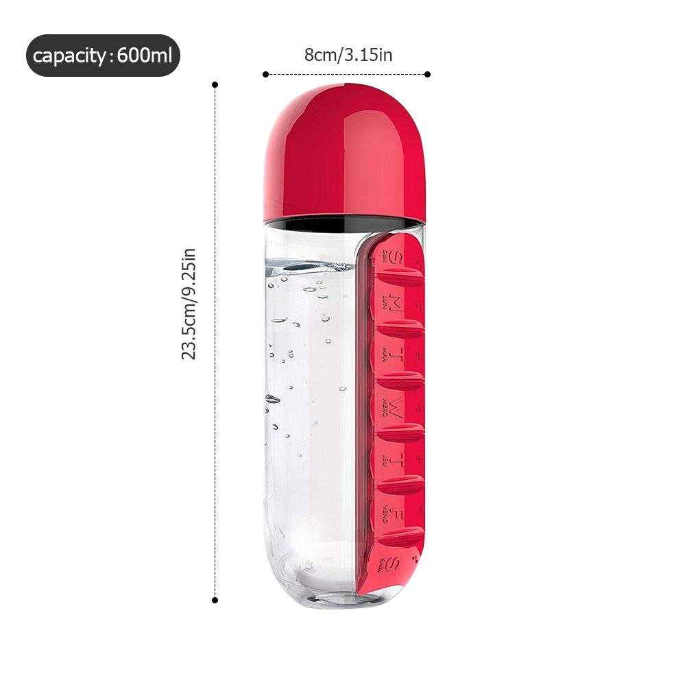 

600ml Water Bottle with Pill Box Organizer 2 In 1 Portable 7 Days Planner Box Travel Medication Cases Containers красный