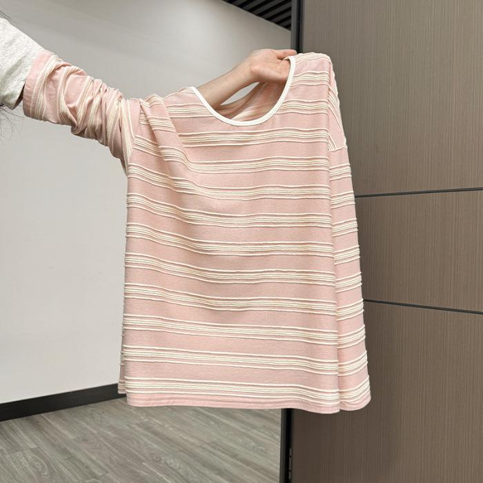 Pink striped sunscreen long-sleeved blouse t-shirt women's spring summer 2026 new relaxed lazy wind loose top