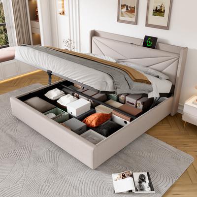 Cama de Casal Estofada com Caixa de Armazenamento e Cabeceira com Carregamento USB Tipo C, Material de Linho Cama Jovem 160x200 com Estrado de Ripas (Sem Colchão)
