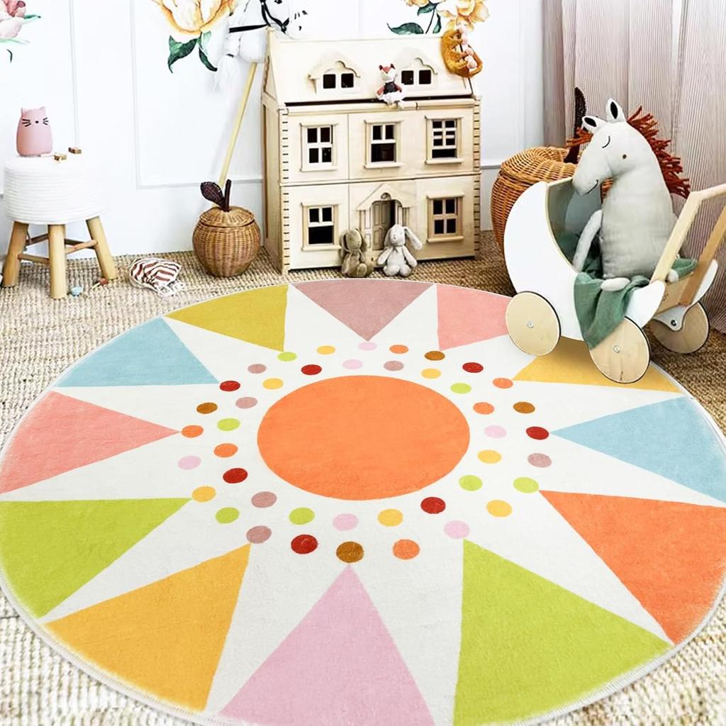 Round Living Room Carpet Foldable Machine Washable Non-slip Rainbow Bohemian Style Bedroom Floor Mat Swivel Chair Special Rugs