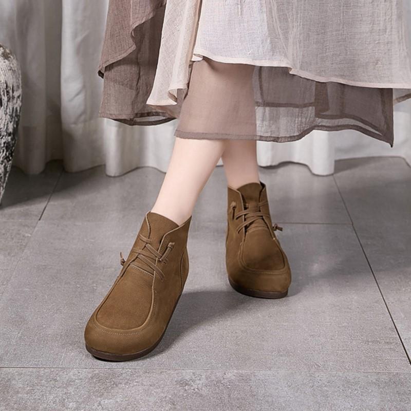 Johnature Retro Genuine Leather Flat Ankle Boots Handmade Soft Cowhide Elastic Band Soft Soled Women's Shoes