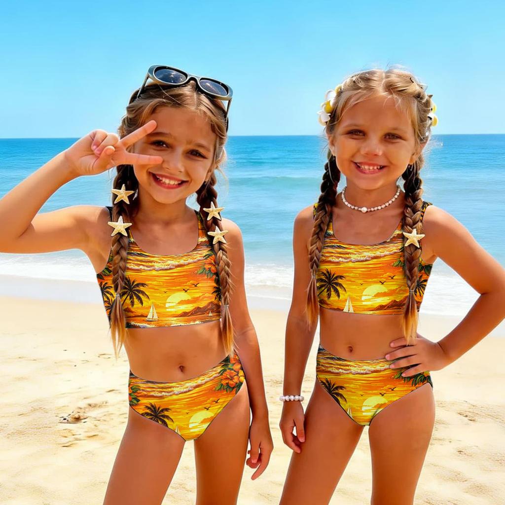 Girls Two Piece Swimsuit Set Hawaiian Print Tankini Top and High Waist Bottom Summer Beach Swimwear for Kids
