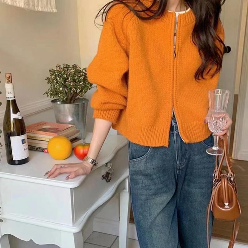 Šedý krátký svetr kabát pro ženy podzim zima volný zahuštěný zip dlouhý rukáv pletený kardigan top