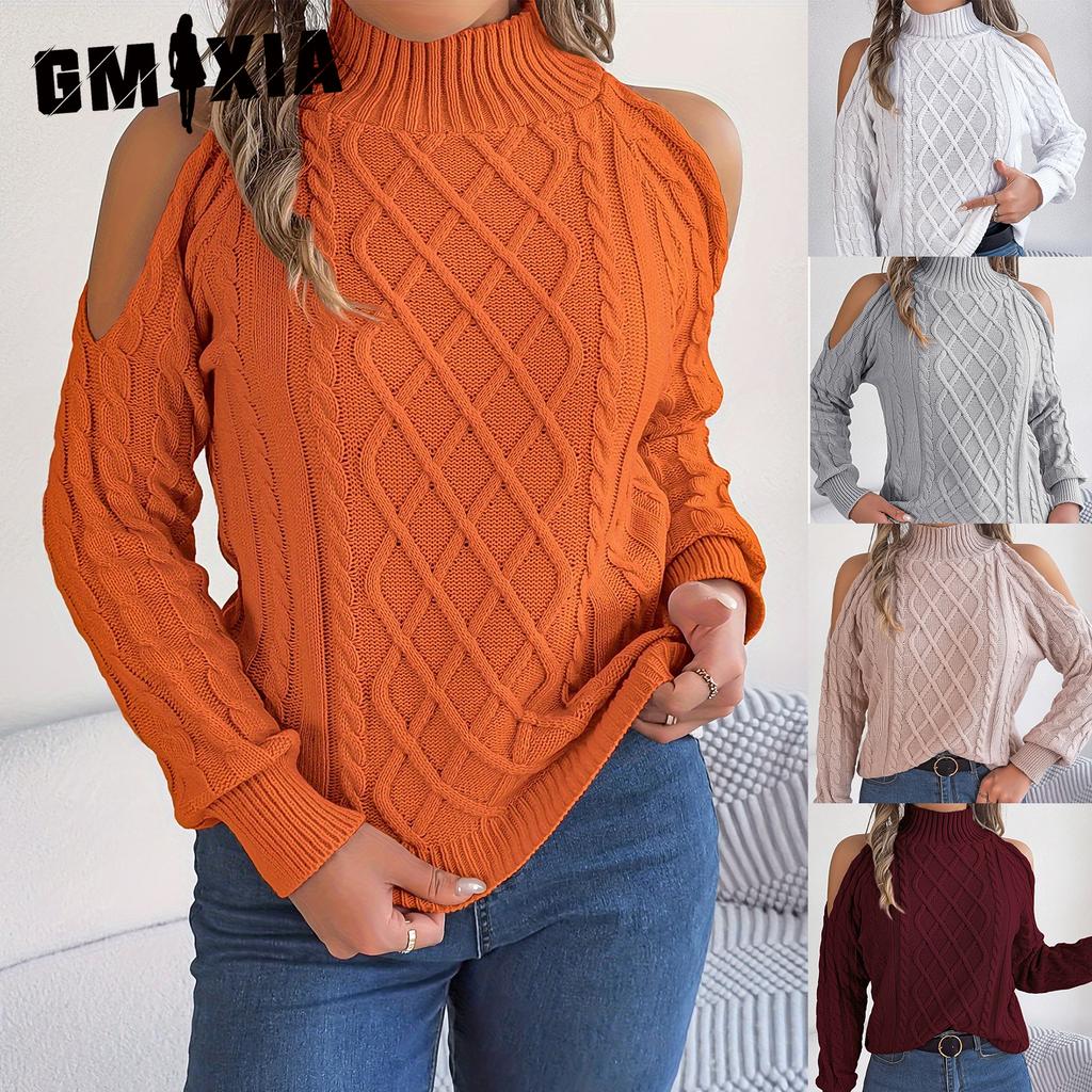 GMXIA Autumn and Winter Casual Twist Off-the-shoulder Semi-high Neck Long-sleeved Pullover Sweater Women's Wear