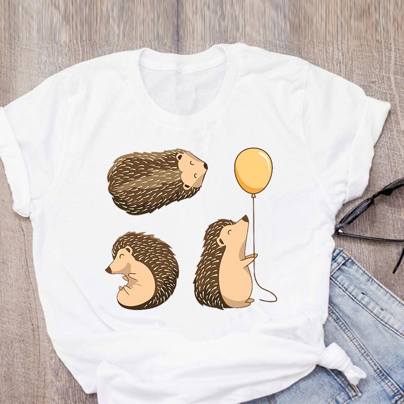 Cute Funny Hedgehog Cartoon Graphic Print Tshirt Women Summer Fashion Harajuku Lady T-Shirts Top Unisex Casual Short Sleeve