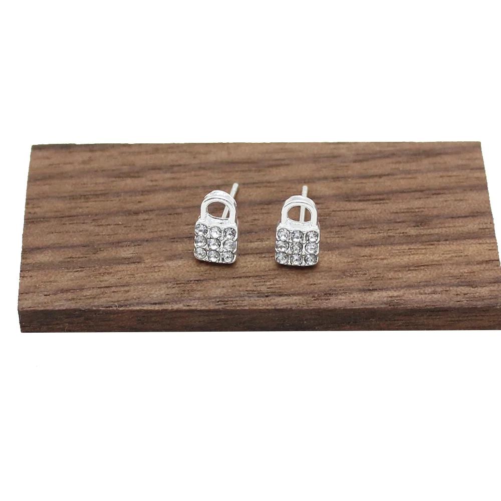 

Small Crystal Lock Full Rhinestone Stud Earring for Women Temperament Korean Design Cute Wedding Zircon Girl Gift
